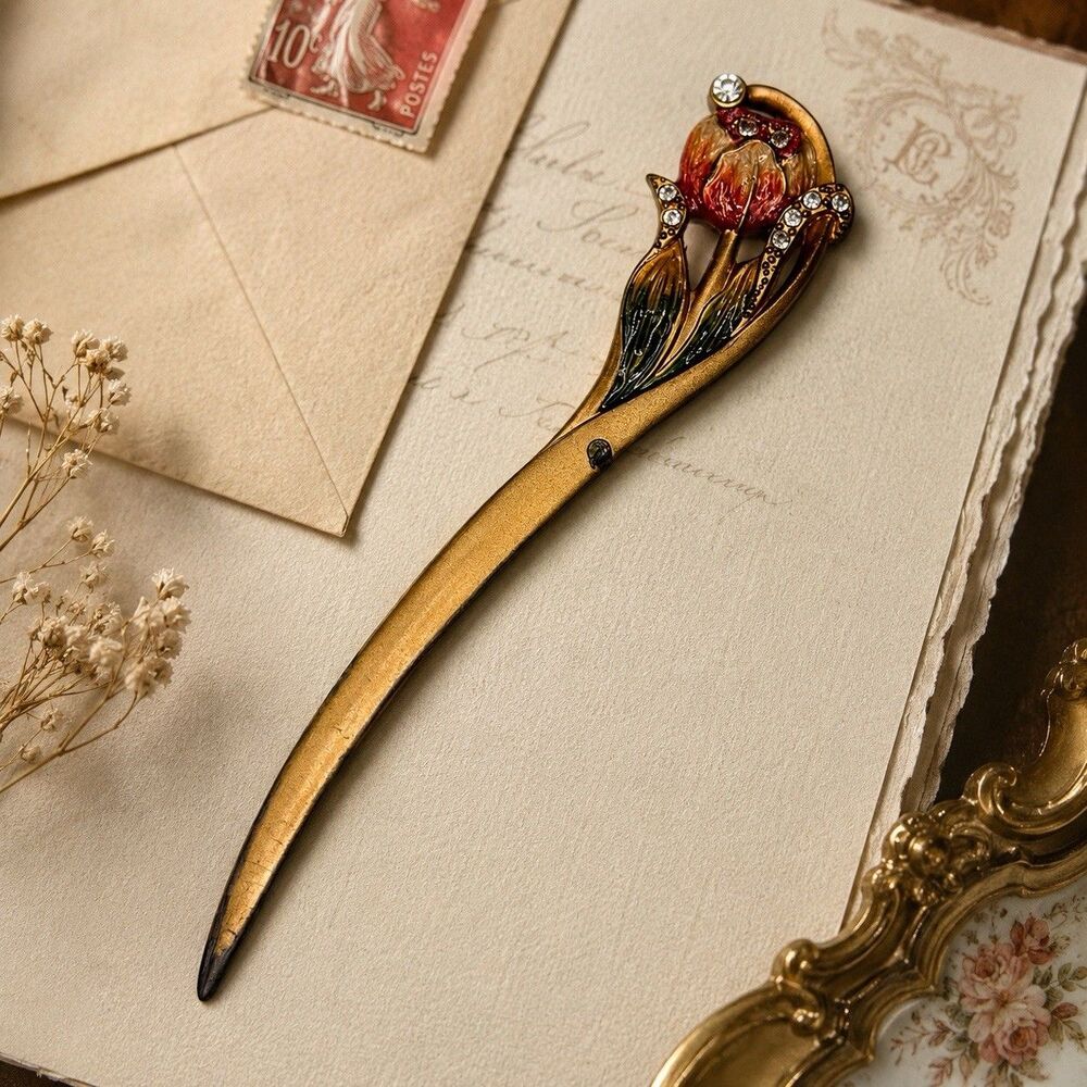 Vintage Olivia & Gracie Tulip Letter Opener Enamel Rhinestone Gold Floral 7.5"
